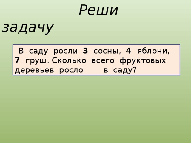 Росла 3. Решаем задачу в саду росли яблони. Задача. В саду росли..... Сколько всего деревьев росло в саду\. Сколько деревьев росло. В саду росло.