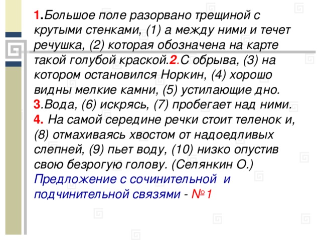 1 . Большое поле разорвано трещиной с крутыми стенками, (1) а между ними и течет речушка, (2) которая обозначена на карте такой голубой краской. 2 . С обрыва, (3) на котором остановился Норкин, (4) хорошо видны мелкие камни, (5) устилающие дно. 3 .Вода, (6) искрясь, (7) пробегает над ними. 4. На самой середине речки стоит теленок и, (8) отмахиваясь хвостом от надоедливых слепней, (9) пьет воду, (10) низко опустив свою безрогую голову. (Селянкин О.) Предложение с сочинительной и подчинительной связями - №1