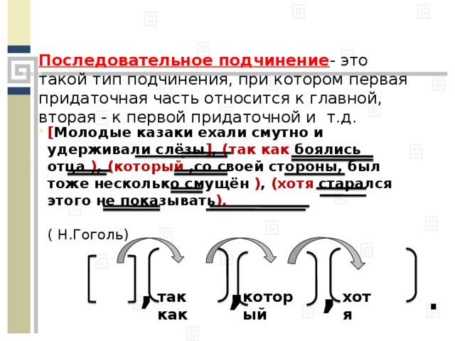 Последовательное подчинение - это такой тип подчинения, при котором первая придаточная часть относится к главной, вторая - к первой придаточной и т.д. [ Молодые казаки ехали смутно и удерживали слёзы ] , (так как боялись отца ) , (который ,со своей стороны, был тоже несколько смущён ) , (хотя старался этого не показывать ).  ( Н.Гоголь) , , , . хотя который так как