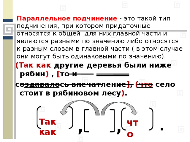 Параллельное подчинение - это такой тип подчинения, при котором придаточные относятся к общей для них главной части и являются разными по значению либо относятся к разным словам в главной части ( в этом случае они могут быть одинаковыми по значению). (Так как другие деревья были ниже рябин ) , [ то и создавалось впечатление ] , (что село стоит в рябиновом лесу ) . . , , Так как что