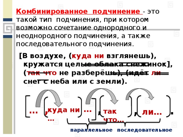 Комбинированное подчинение - это такой тип подчинения, при котором возможно сочетание однородного и неоднородного подчинения, а также последовательного подчинения. [В воздухе,  ( куда ни взглянешь), кружатся целые облака снежинок], ( так что не разберёшь), (идёт ли снег с неба или с земли). , . , … , … куда ни … ли…  так что…  последовательное параллельное