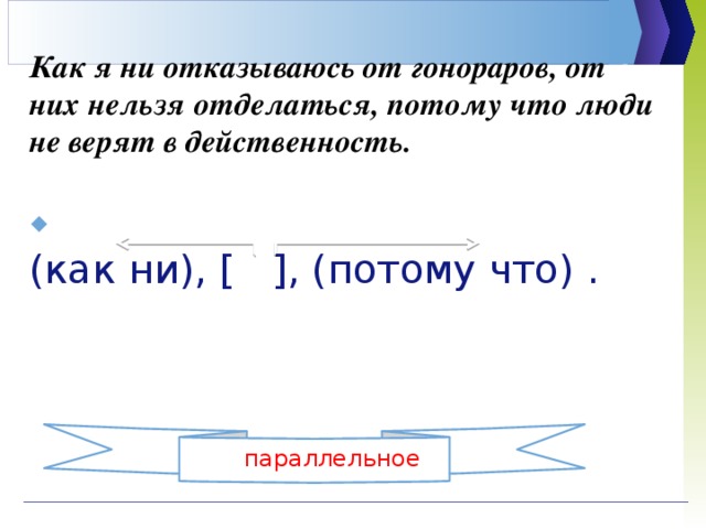 Как я ни отказываюсь от гонораров, от них нельзя отделаться, потому что люди не верят в действенность. прид. уступки прид. причины (как ни), [ ], (потому что) . параллельное