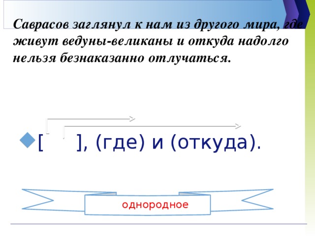 Саврасов заглянул к нам из другого мира,  где живут ведуны-великаны и откуда надолго нельзя безнаказанно отлучаться.   [ ], (где) и (откуда). прид.опред.  прид.опред. однородное