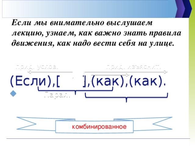 Если мы внимательно выслушаем лекцию, узнаем, как важно знать правила движения, как надо вести себя на улице.  прид. услов. прид. изъяснит. (Если),[ ],(как),(как).  Парал. Однор. комбинированное