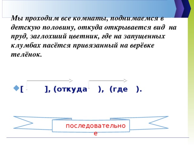 Мы проходим все комнаты, поднимаемся в детскую половину, откуда открывается вид на пруд, заглохший цветник, где на запущенных клумбах пасётся привязанный на верёвке телёнок. прид.опред.  прид.опред.   [ ], (откуда ), (где ). последовательное