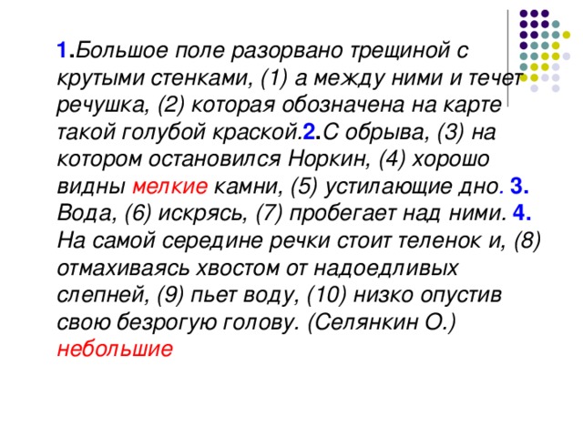 1 . Большое поле разорвано трещиной с крутыми стенками, (1) а между ними и течет речушка, (2) которая обозначена на карте такой голубой краской. 2 . С обрыва, (3) на котором остановился Норкин, (4) хорошо видны мелкие камни, (5) устилающие дно . 3. Вода, (6) искрясь, (7) пробегает над ними. 4. На самой середине речки стоит теленок и, (8) отмахиваясь хвостом от надоедливых слепней, (9) пьет воду, (10) низко опустив свою безрогую голову. (Селянкин О.) небольшие