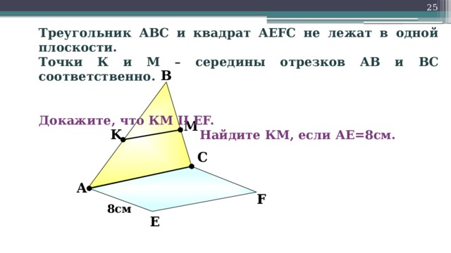 Треугольник АВС и квадрат АEFC не лежат в одной плоскости. Точки К и М – середины отрезков АВ и ВС соответственно.                       Докажите, что КМ II EF.         Найдите КМ, если АЕ=8см. В M K С «Математика. Самостоятельные м контрольные работы по геометрии для 11 класса». Ершова А.П., Голобородько В.В. А F 8см Е