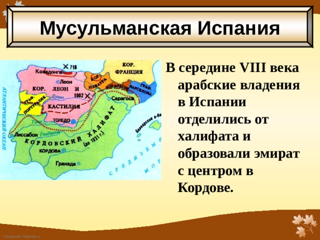 Мусульманская Испания В середине VIII века арабские владения в Испании отделились от халифата и образовали эмират с центром в Кордове.