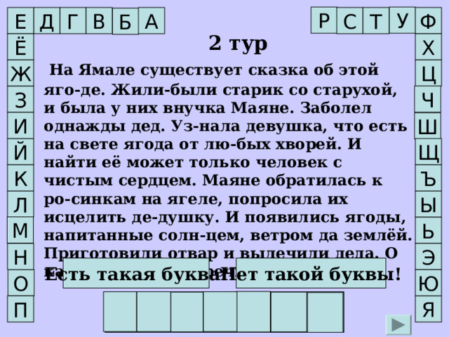 Р У Ф Т С Г В Д Е А Б 2 тур Х Ё     На Ямале существует сказка об этой яго-де. Жили-были старик со старухой, и была у них внучка Маяне. Заболел однажды дед. Уз-нала девушка, что есть на свете ягода от лю-бых хворей. И найти её может только человек с чистым сердцем. Маяне обратилась к ро-синкам на ягеле, попросила их исцелить де-душку. И появились ягоды, напитанные солн-цем, ветром да землёй. Приготовили отвар и вылечили деда. О какой ягоде идёт речь? Ц Ж Ч З И Ш Щ Й Ъ К Л Ы М Ь Э Н Нет такой буквы! Есть такая буква! О Ю М О Р О Ш К А Я П