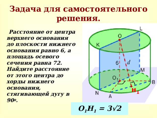 Задача для самостоятельного решения.  Расстояние от центра верхнего основания до плоскости нижнего основания равно 6, а площадь осевого сечения равна 72. Найдите расстояние от этого центра до хорды нижнего основания, стягивающей дугу в 90 0 . н 1 О 1 Н 1 = 3 √2