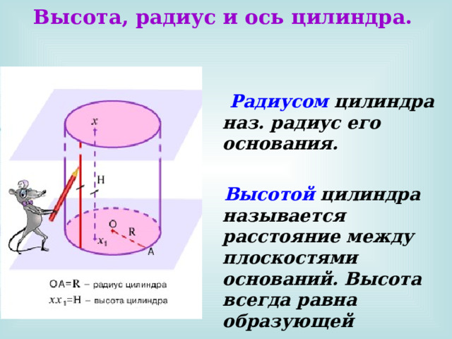 Высота, радиус и ось цилиндра.  Радиусом цилиндра наз. радиус его основания.   Высотой цилиндра называется расстояние между плоскостями оснований. Высота всегда равна образующей