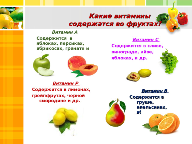 Какие витамины  содержатся во фруктах?   Витамин А Содержится в яблоках, персиках, абрикосах, гранате и др.  Витамин С Содержится в сливе, винограде, айве, яблоках, и др.  Витамин Р Содержится в лимонах, грейпфрутах, черной смородине и др. Витамин В Содержится в груше, апельсинах, яблоках и др.